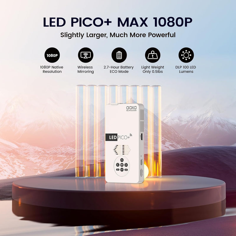 Miniprojetor AAXA LED Pico+ MAX MODELO 2024 bateria de 2,7 horas, DLP 1080P, espelhamento sem fio, Mini-HDMI, reprodutor de mídia e alto-falantes integrados